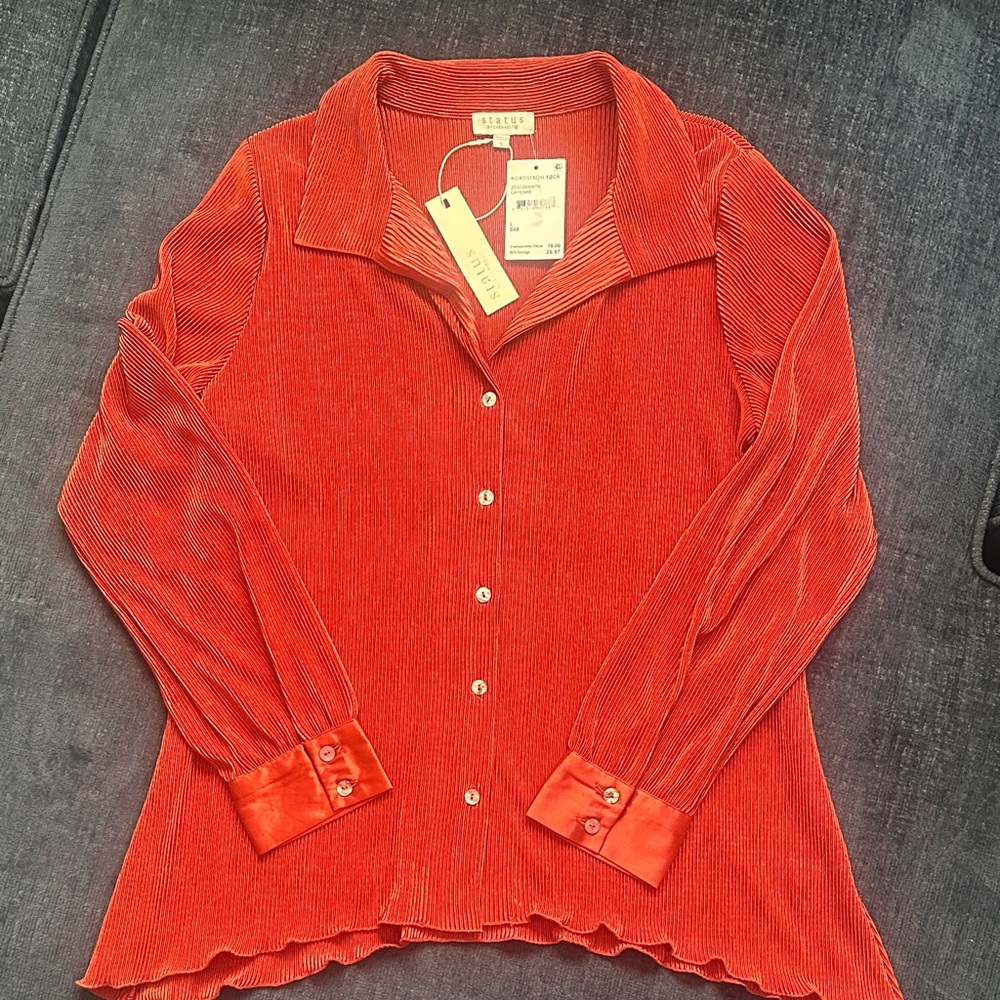 Red Pleated Button-Down Shirt